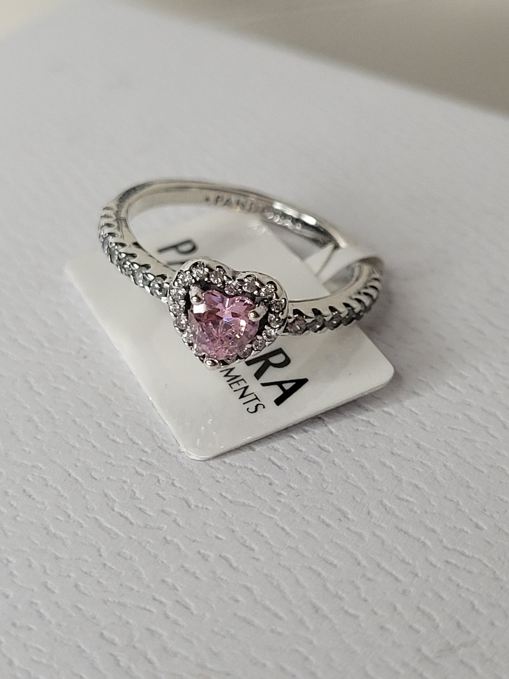Pandora Silver Ring with Pink Heart Stone and Halo